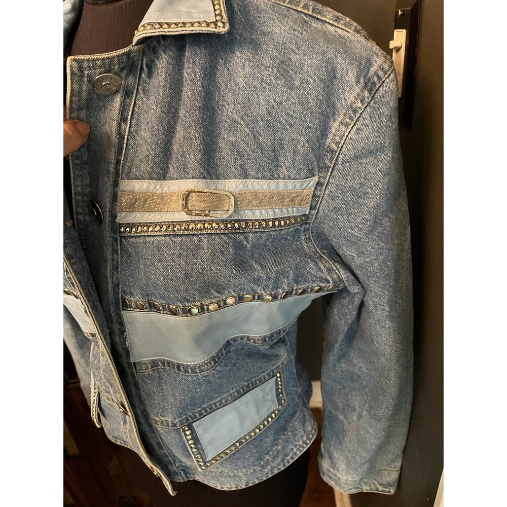 Vintage 90’s Y2K Cache’ by Isabella Sole Denim Leather Patchwork Studs Jacket M - Picture 5 of 9